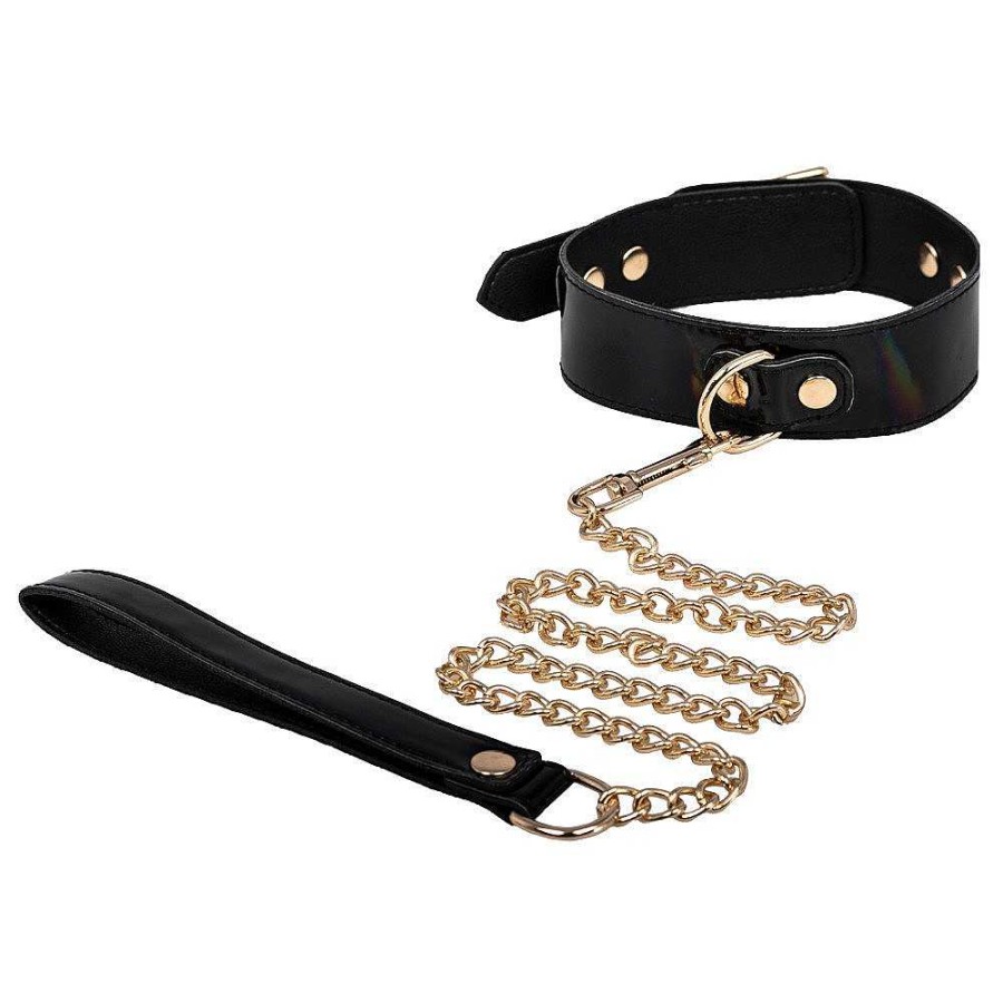 Luxe Bondara Luxe Pleasure Prism Pu Collar And Leash Irridescent Black & Gold Bondage Restraints & Handcuffs