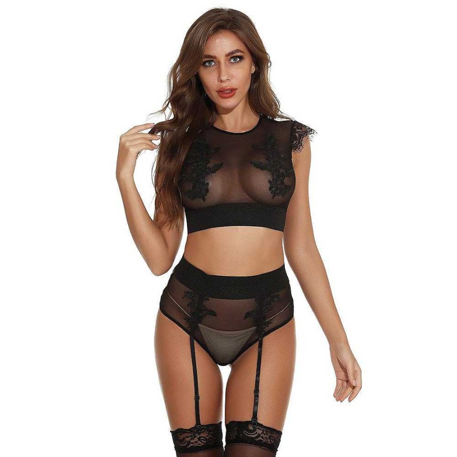 Bondara Flirt Bondara Flirt Femme Fatale Mesh Appliqu Crop & Suspender Knicker Black Sexy Lingerie For Women