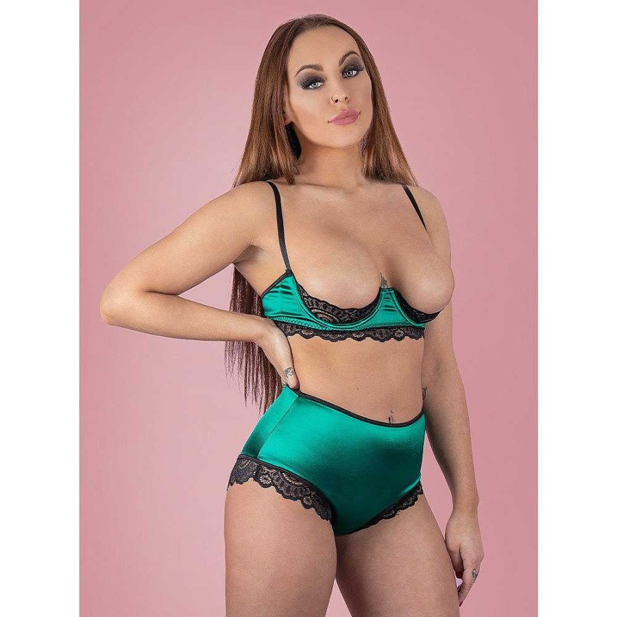 Bondara Flirt Bondara Flirt Green Satin Shelf Bra And High-Waisted Knicker Teal Sexy Lingerie For Women