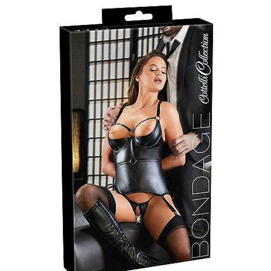 Bondara Cottelli Collection Shelf Basque, Cuffs And Crotchless G-String Black Fetish Clothing