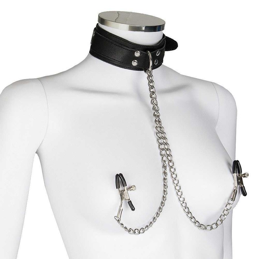 Luxe Bondara Luxe Leather Collar With Nipple Clamps Silver Nipple Toys & Clit Toys