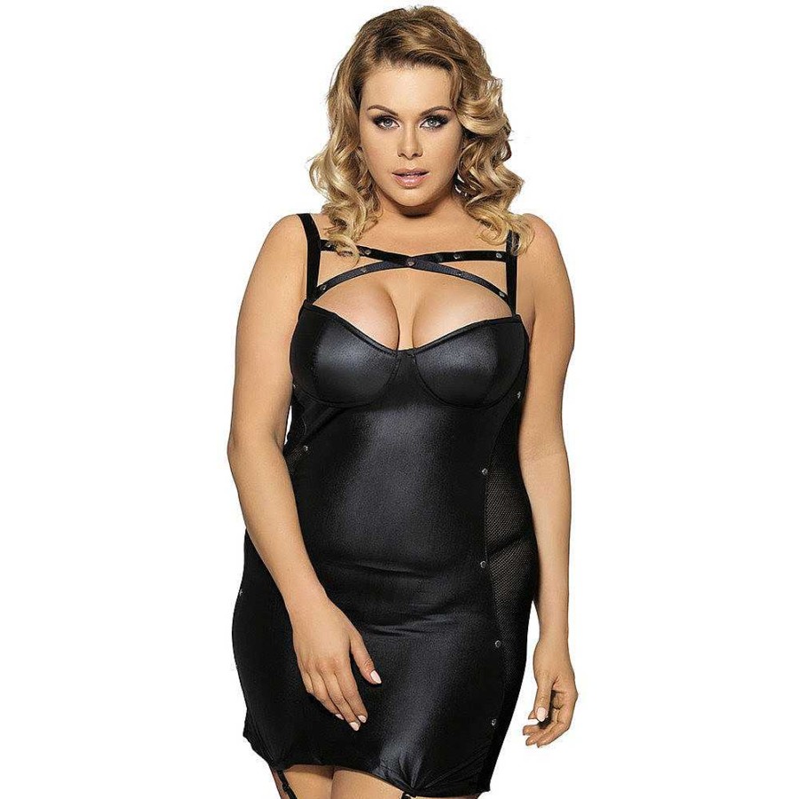 Bondara Bondara Siren Plus Size Wet Look Studded Suspender Dress Black Fetish Clothing