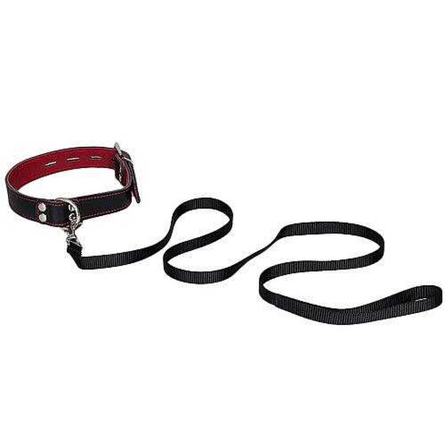 Luxe Bondara Luxe Black & Red Leather Collar With Leash Black And Red Bondage Restraints & Handcuffs