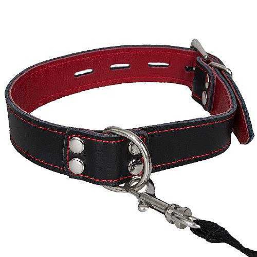 Luxe Bondara Luxe Black & Red Leather Collar With Leash Black And Red Bondage Restraints & Handcuffs