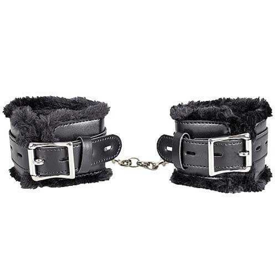 Bondara Bondage Bondara Faux Leather Furry Padlocked Handcuffs Black Bondage Restraints & Handcuffs