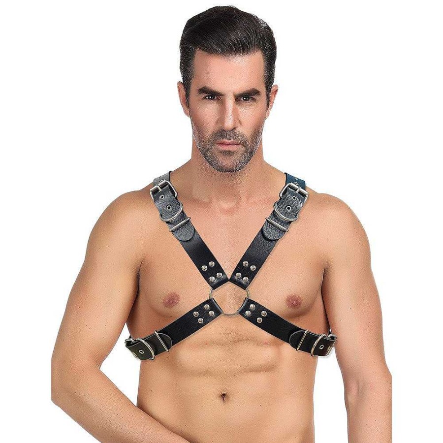 Bondara Edge Bondara Edge Men'S Faux Leather Studded O-Ring Chest Harness Black Fetish Clothing