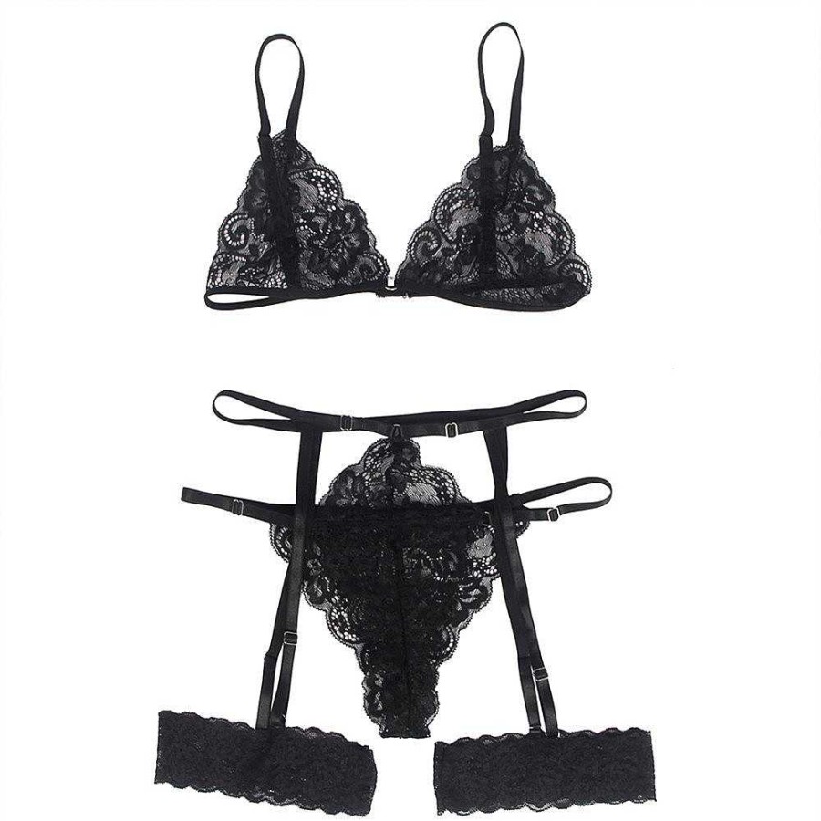 Bondara Flirt Bondara Flirt Bewitch Lace Bralette, Thong & Garter Belt Black Sexy Lingerie For Women