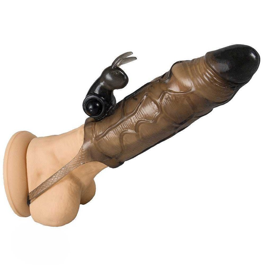 Bondara Bondara Vibrating Rabbit Cock Extension Sleeve Transparent Black Cock Sleeves