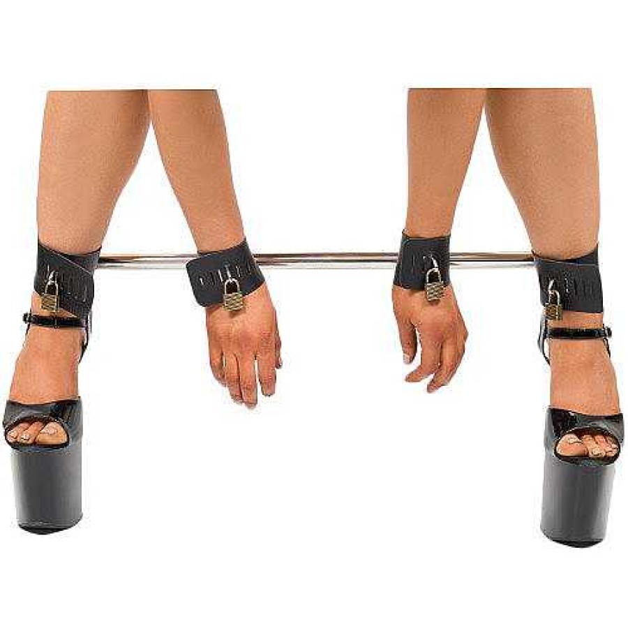 Bondara Bondara Faux Leather Spreader Bar With Lockable Handcuffs Black And Silver Bondage Restraints & Handcuffs