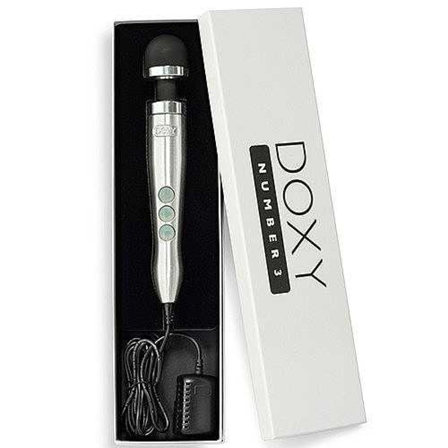 Doxy Doxy Die Cast 3 Silver Wand Vibrator Brushed Metal Silver Body, Black Head Vibrators