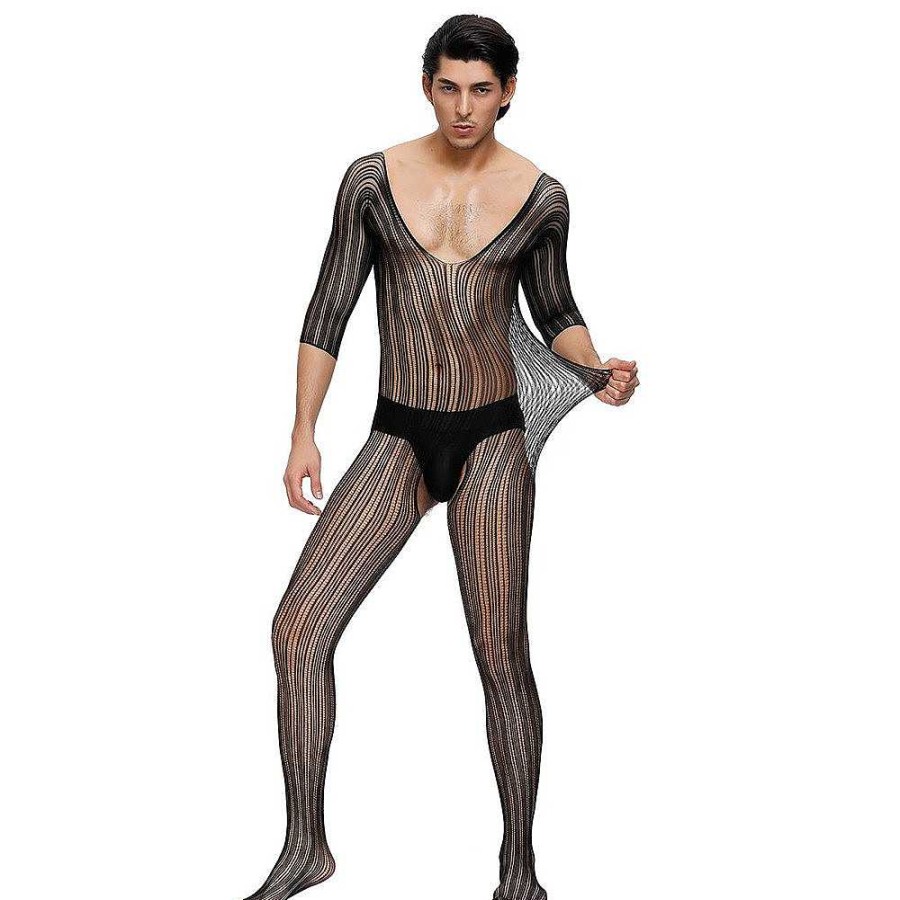 Bondara Lingerie Bondara Man Striped Crotchless Bodystocking Black Men'S Sexy Underwear