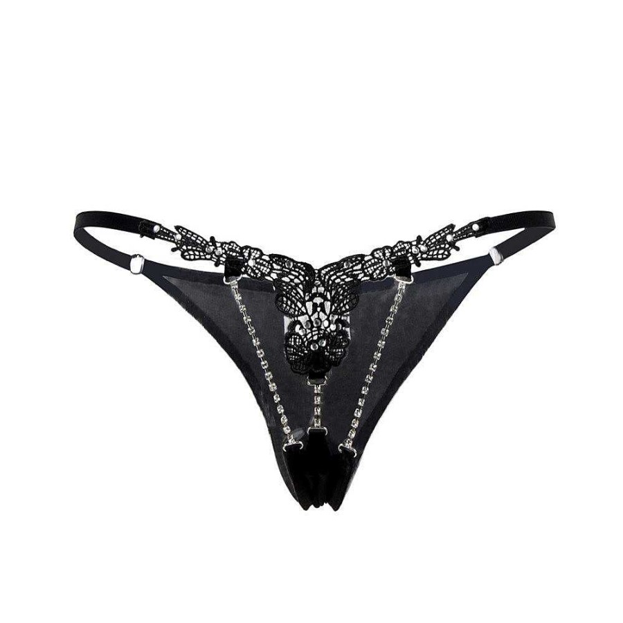 Bondara Flirt Bondara Flirt Showstopper Floral Diamante G-String Black Sexy Lingerie For Women