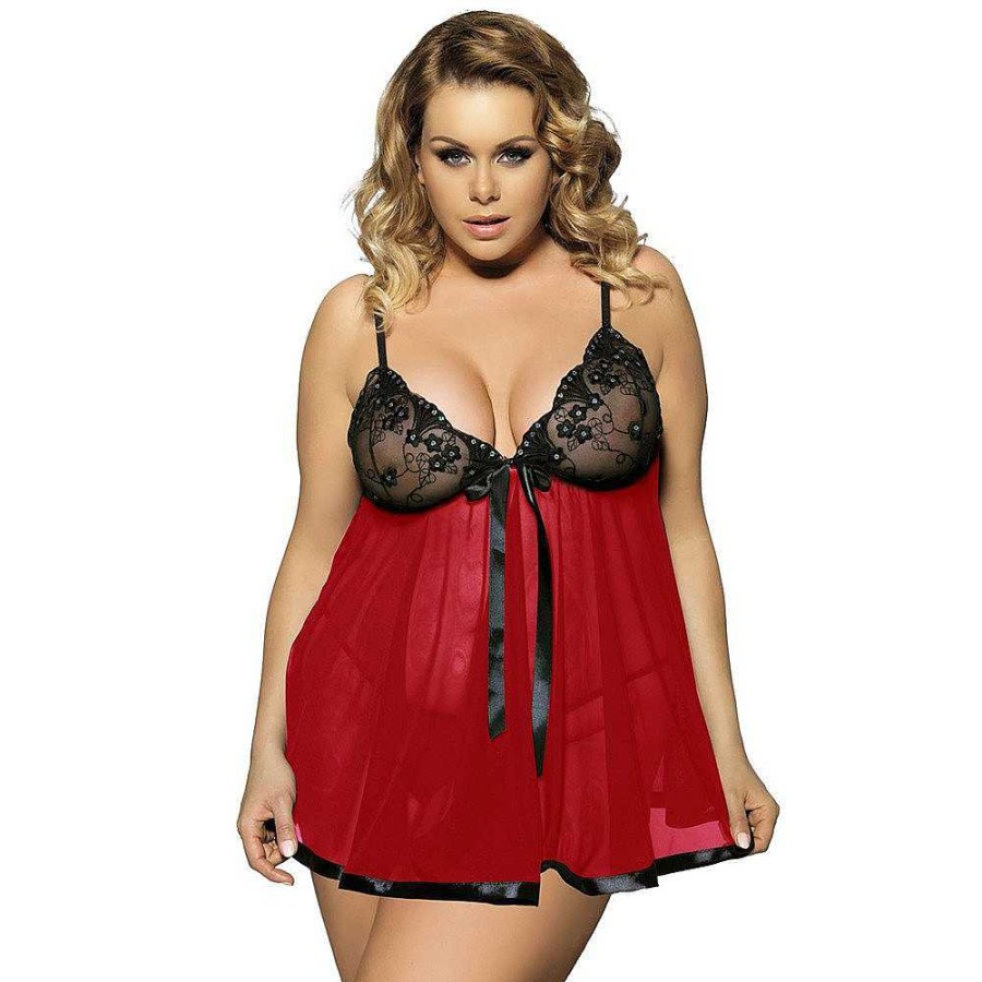 Bondara Belle Bondara Belle Captivate Plus Size Red Babydoll & G-String Black And Red Sexy Plus Size Lingerie