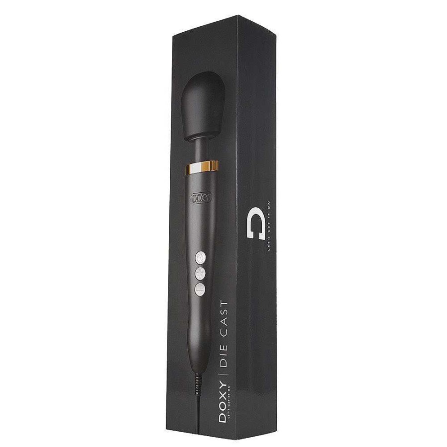 Doxy Doxy Matte Black And 24K Gold Die Cast Wand Vibrator Matte Black Body With Yellow Gold Trim, Black Head Vibrators