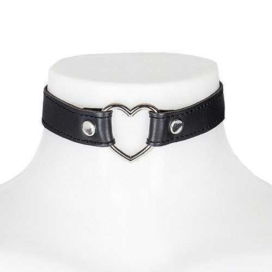 Bondara Bondara Black Faux Leather Heart Ring Collar Black And Silver Bondage Restraints & Handcuffs