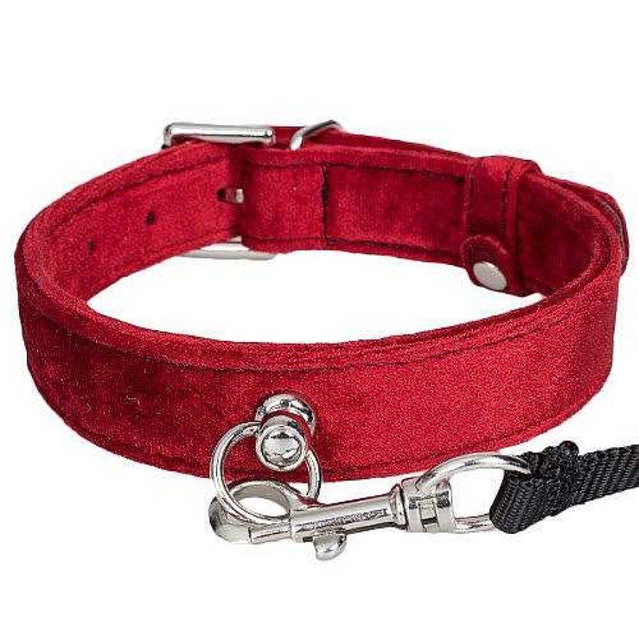 Bondara Bondara Red Velvet Collar With Leash Black And Red Bondage Restraints & Handcuffs