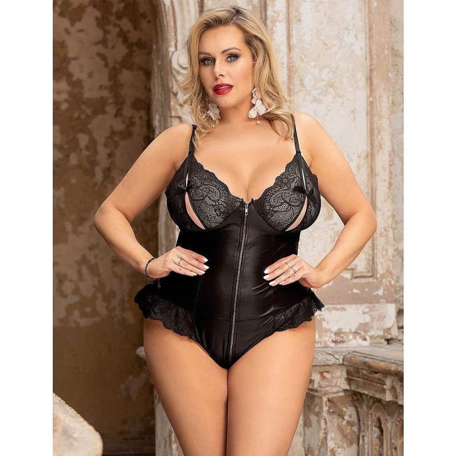 Bondara Siren Bondara Siren Plus Size Lace Peephole Wet Look Zip-Up Teddy Black Fetish Clothing