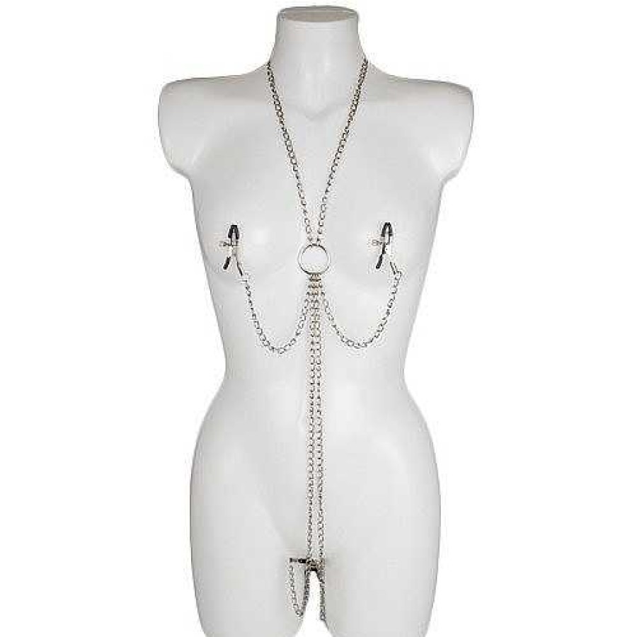 Bondara Bondara Chain Harness With Nipple And Labia Clamps Silver Nipple Toys & Clit Toys