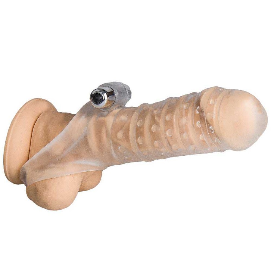 Bondara Bondara Textured Vibrating Cock Sleeve With Ball Strap Clear Sex Toys For Couples