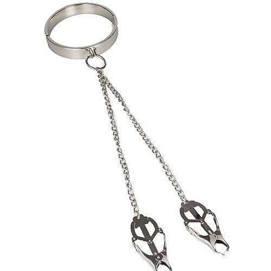 Bondara Torment Stainless Steel Collar With Clover Nipple Clamps Silver Nipple Toys & Clit Toys