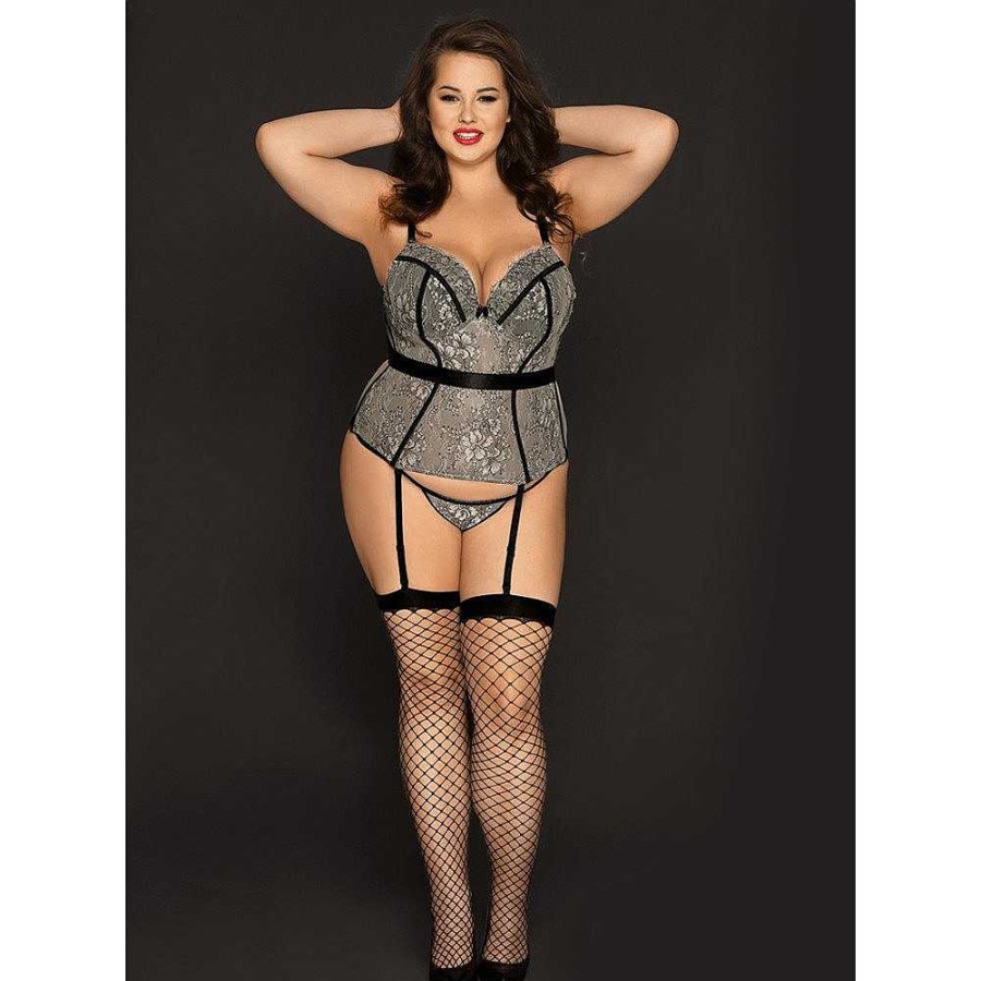 Bondara Belle Bondara Belle Plus Size Silver Suspender Cami, G-String & Stockings Silver & Black Sexy Plus Size Lingerie