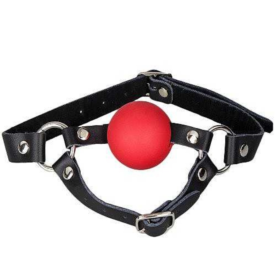 Bondara Bondara Real Leather Ball Gag Chin Harness Black And Red Ball Gags & Mouth Gags