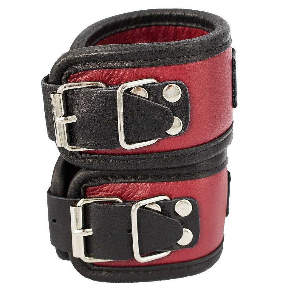 Bondara Bondara Luxe Red Real Leather Handcuffs Red And Black Bondage Restraints & Handcuffs