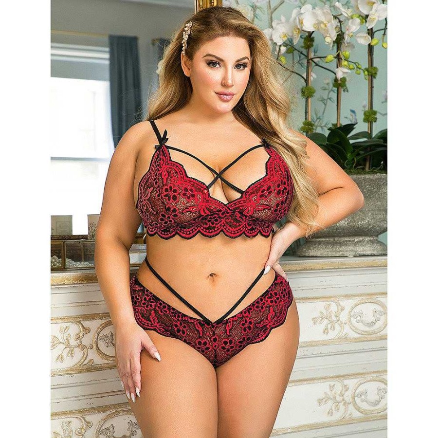 Bondara Bondara Belle Feisty Florals Plus Size Red Lace Bralette Set Red And Black Sexy Plus Size Lingerie