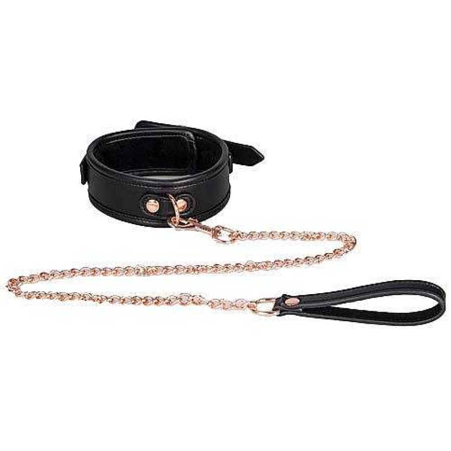 Bondara Boutique Bondara Black Faux Leather Collar With Rose Gold Leash Black And Rose Gold Bondage Restraints & Handcuffs