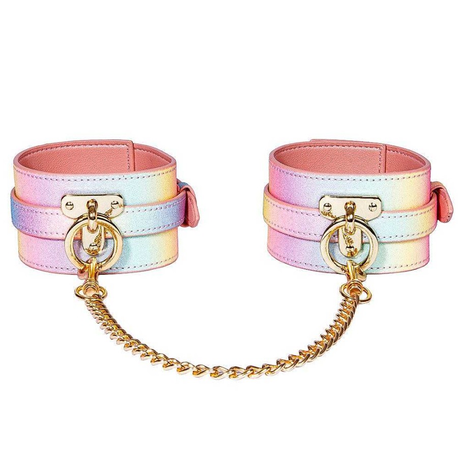 Luxe Bondara Luxe Sugar Rush Rainbow Glitter Ankle Cuffs Rainbow Glitter With Pale Pink Reverse, Yellow Gold Fixings Bondage Restraints & Handcuffs