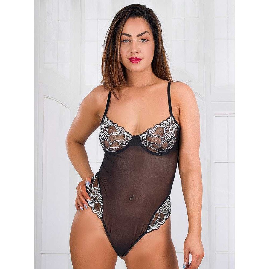 Bondara Flirt Bondara Flirt Silver Floral Teddy Black And Silver Sexy Lingerie For Women