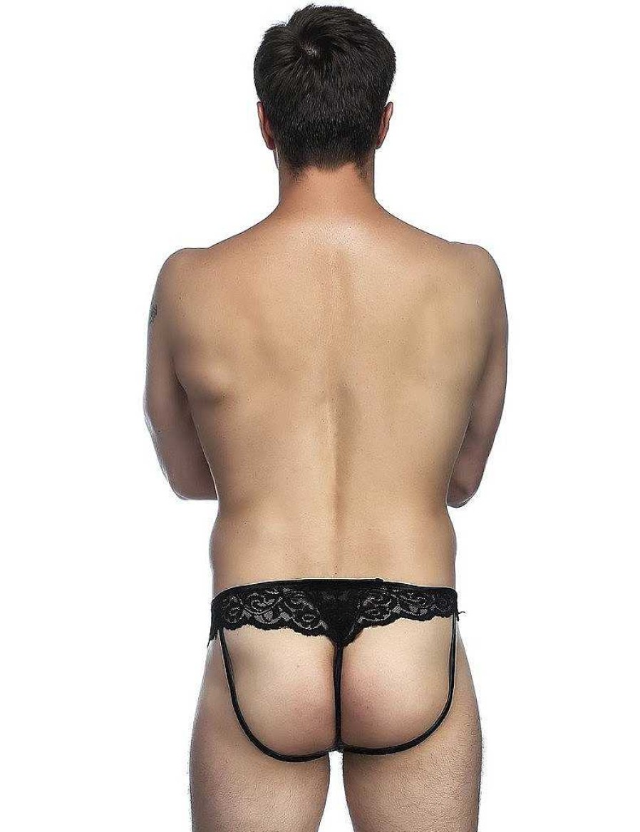 Bondara Man Bondara Man License To Frill Lace Wet Look Jock Thong Black Men'S Sexy Underwear