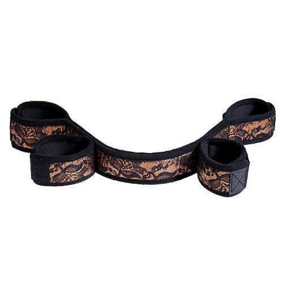 Bondara Boutique Bondara Amber Lace Spreader Bar With Handcuffs - 27 Inch Black And Gold Bondage Restraints & Handcuffs