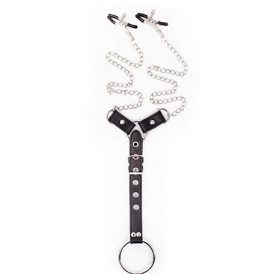 Bondara Bondara Dominator Faux Leather Chain Nipple Clamps & Cock Ring Silver & Black Nipple Toys & Clit Toys