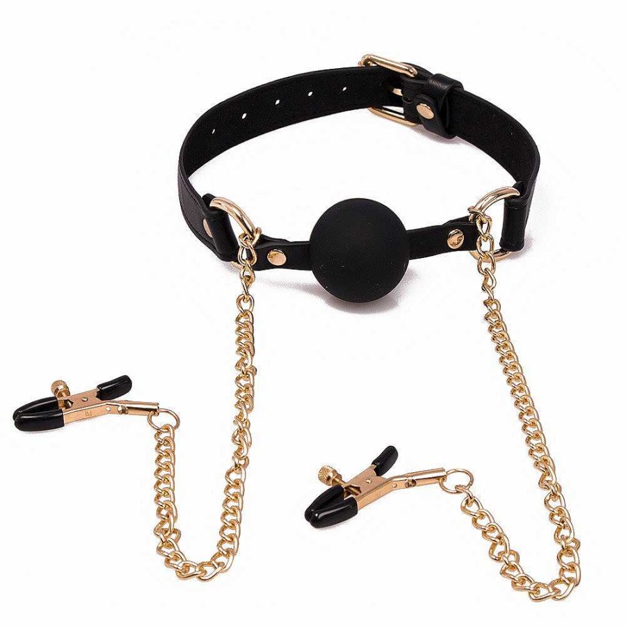 Bondara Bondage Bondara Luxe Gilded Cage Ball Gag With Nipple Clamps Black Nipple Toys & Clit Toys