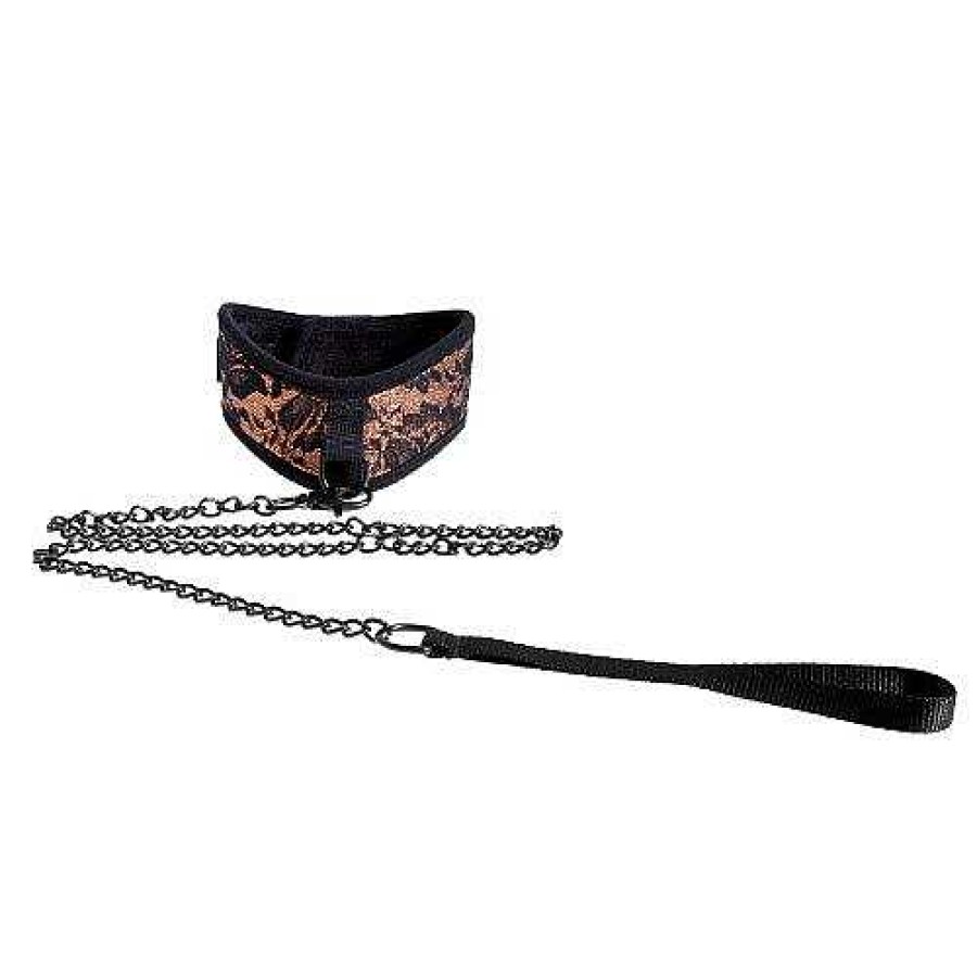 Bondara Boutique Bondara Amber Lace Luxury Collar With Leash Black And Gold Bondage Restraints & Handcuffs