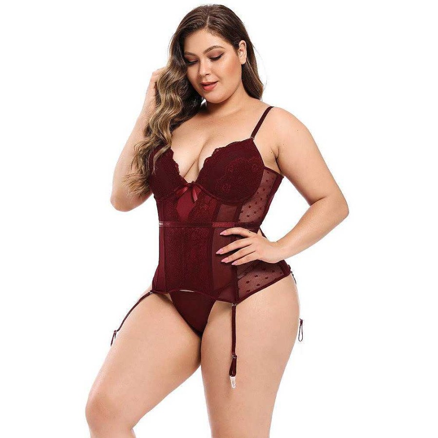 Bondara Belle Bondara Belle Heartbreaker Plus Size Suspender Corset & G-String Red Sexy Plus Size Lingerie