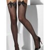 Bondara French Fancy Bow Fishnet Hold Up Stockings Black Sexy Hosiery