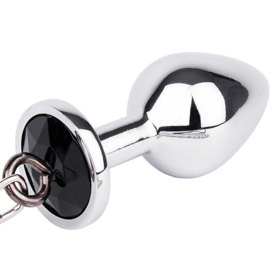 Bejewelled Butt Plugs Bejewelled Black Metal Butt Plug With Leash - 3.2 Inch Silver And Black Butt Plugs