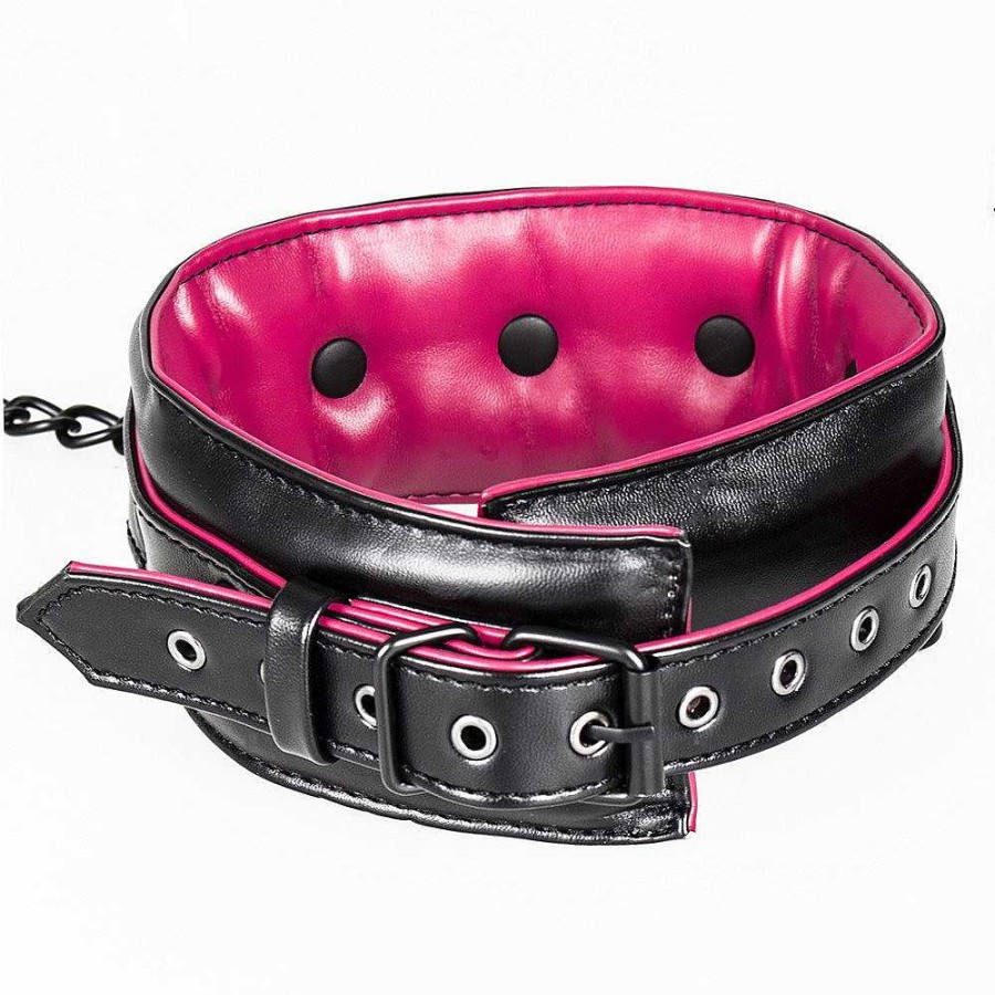 Bondara Bondara Choke Faux Leather Collar With Leash Pink And Black Bondage Restraints & Handcuffs