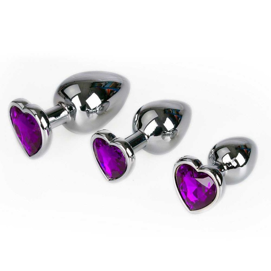 Bondara Bejewelled Purple Metal Heart Butt Plug - 3, 3.5 Or 4 Inch Silver With Purple Stone Anal Toys