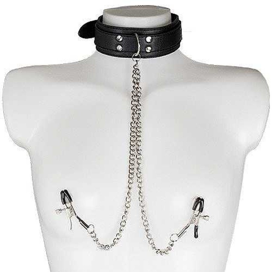 Bondara Bondara Black Collar With Nipple Clamps Black And Silver Nipple Toys & Clit Toys