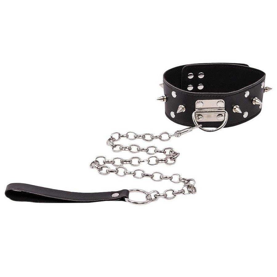 Torment Torment Leather Spiked Collar With Leash Black Bondage Restraints & Handcuffs