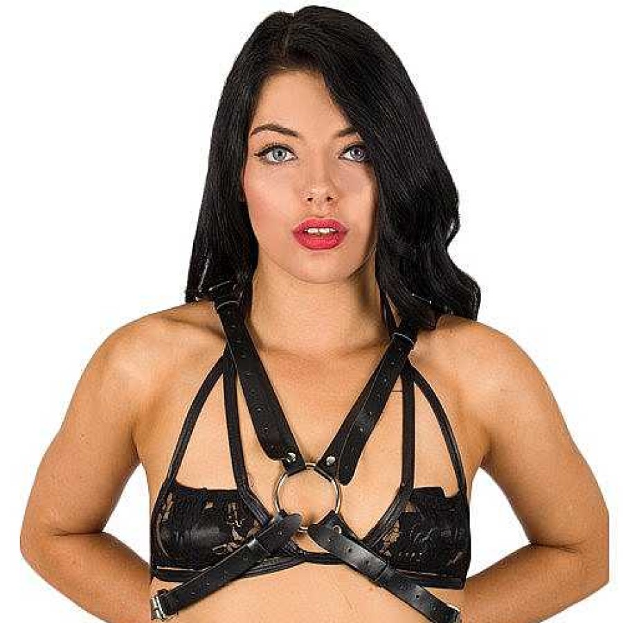 Luxe Bondara Luxe Real Leather Chest Harness With Handcuffs Black And Silver Bondage Restraints & Handcuffs