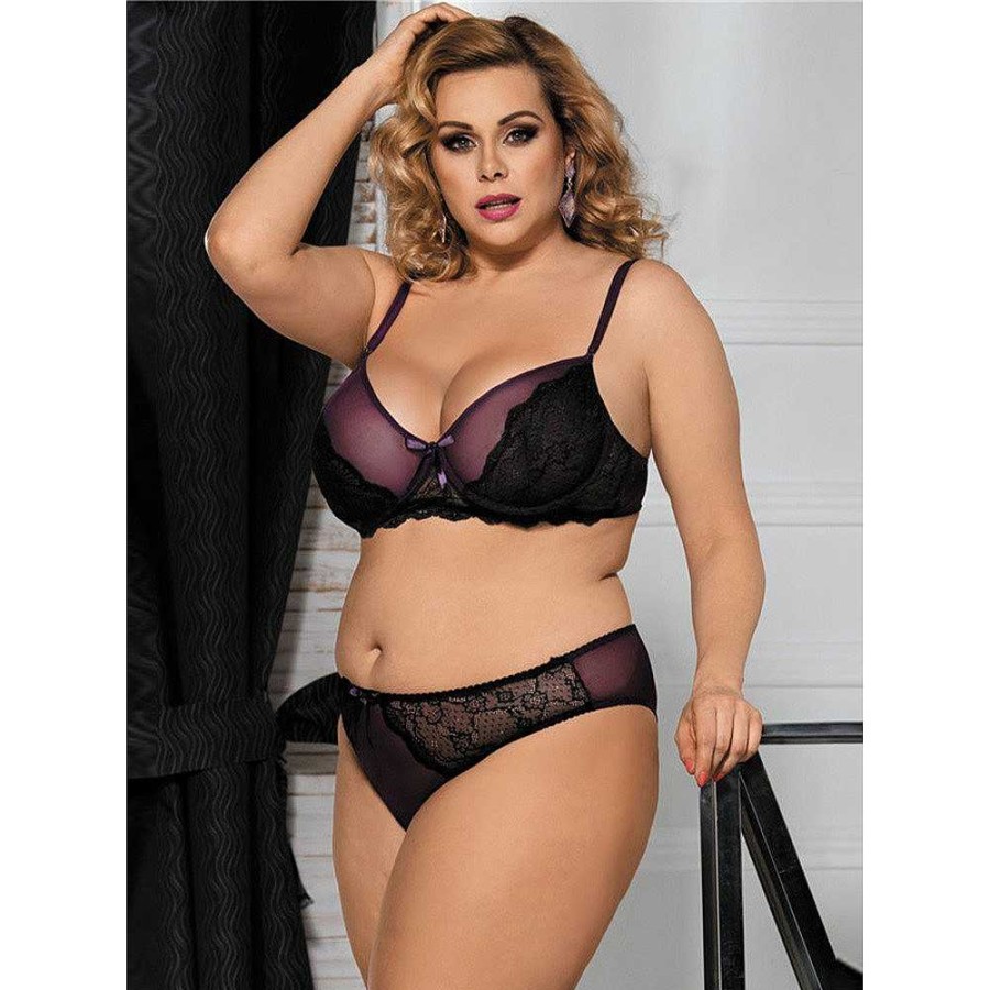 Bondara Belle Bondara Belle Plus Size Purple Bow Bra And Knicker Purple & Black Sexy Plus Size Lingerie