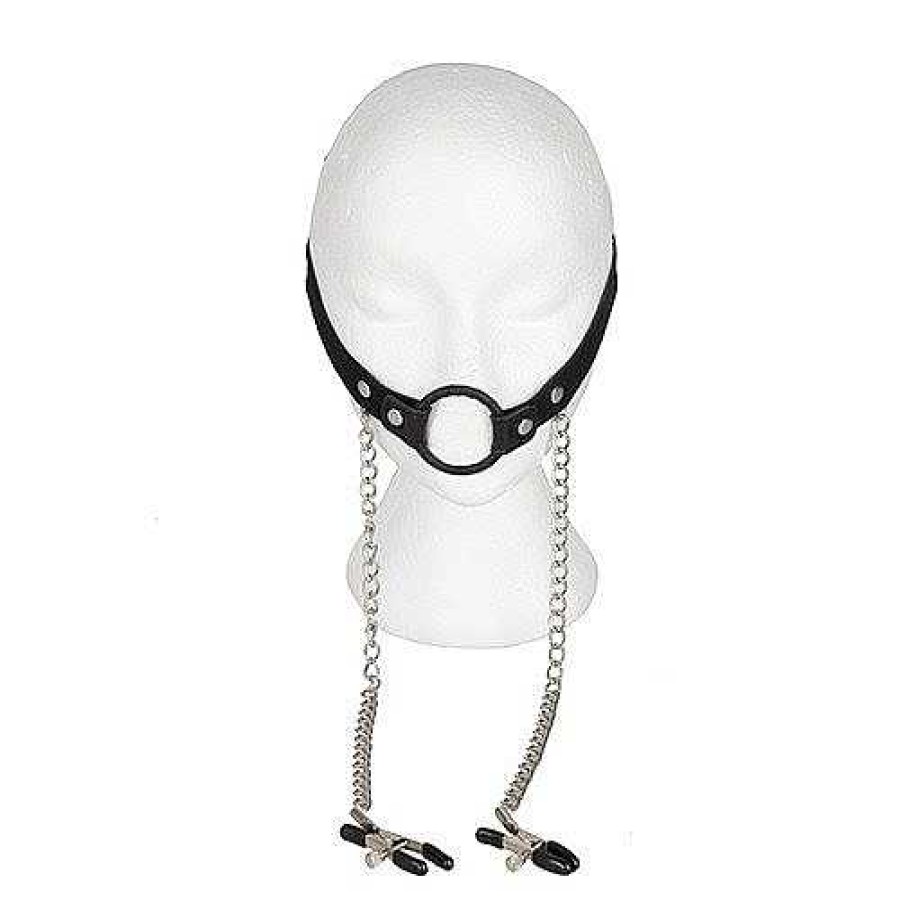 Luxe Bondara Luxe Leather O-Ring Mouth Gag With Nipple Clamps Black Nipple Toys & Clit Toys