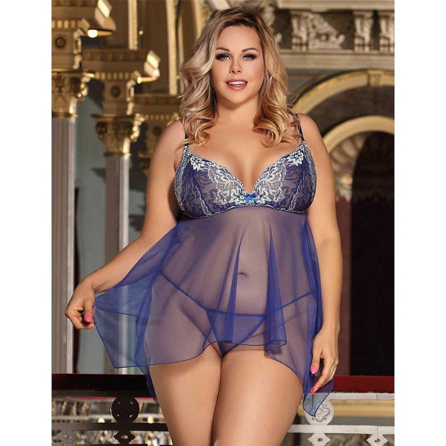 Bondara Belle Bondara Belle Sapphire Plus Size Lace Babydoll & G-String Blue Sexy Plus Size Lingerie