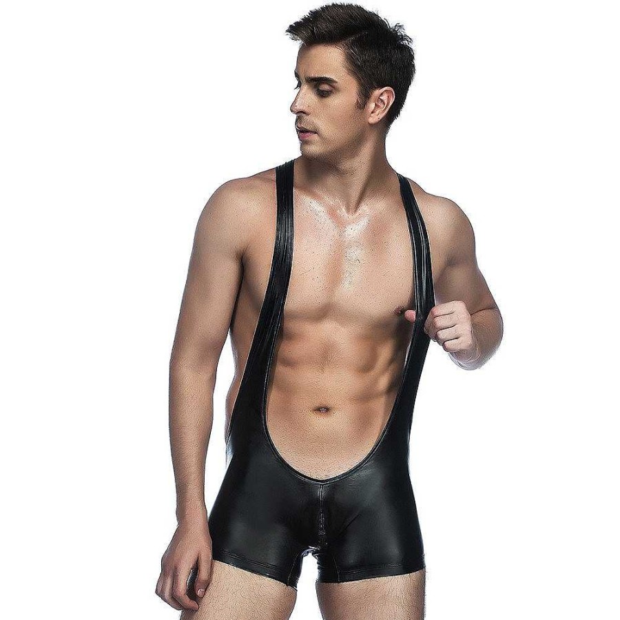 Bondara Edge Bondara Edge Men'S Wet Look Suspender Leotard Black Fetish Clothing