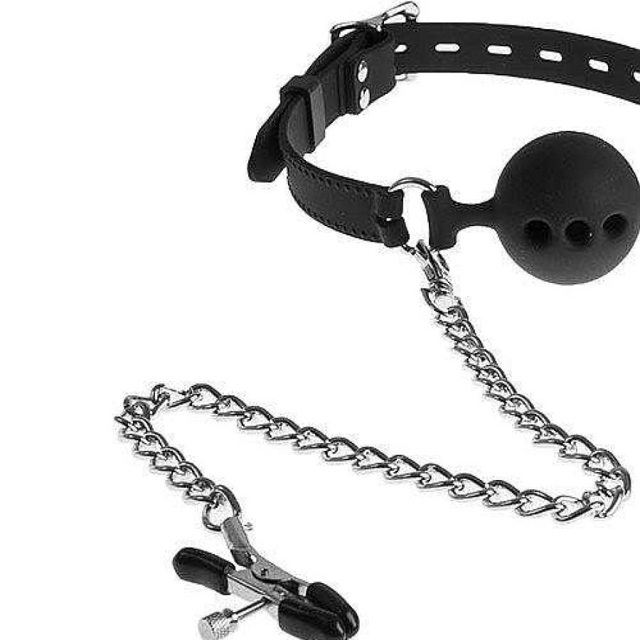 Bondara Bondara Silicone Kink Vented Ball Gag With Nipple Clamps Black Nipple Toys & Clit Toys