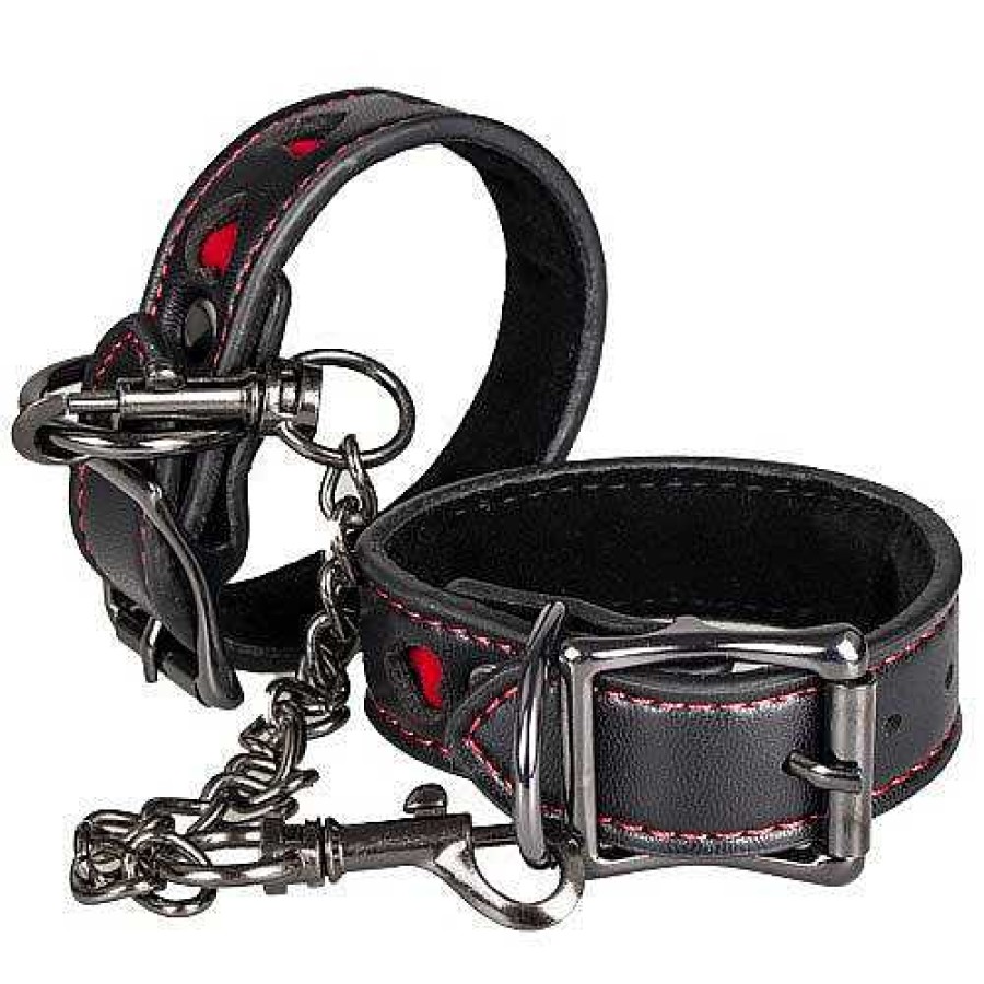 Bondara Bondage Bondara Faux Leather Heart Wrist Cuffs Black And Red Bondage Restraints & Handcuffs